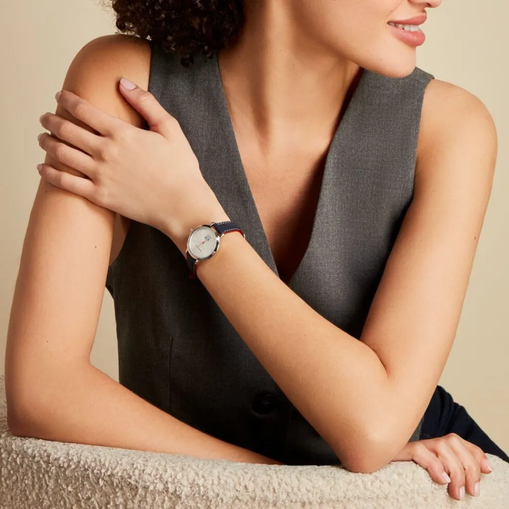 PIERRE LANNIER Montre Elysee Argenté cadran argenté fond argenté bracelet cuir de veau bleu Hot