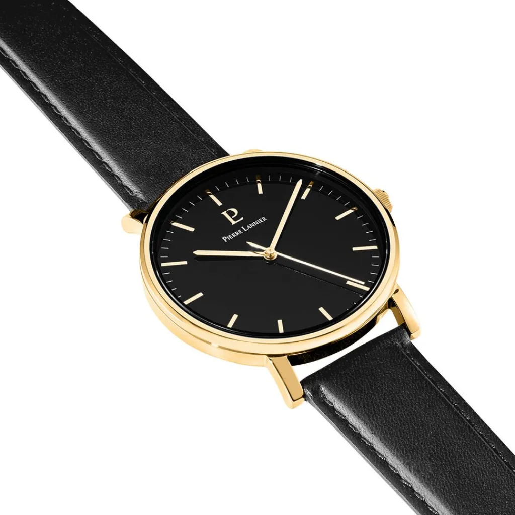 PIERRE LANNIER Montre Essential Noir cadran doré fond noir bracelet cuir noir Outlet