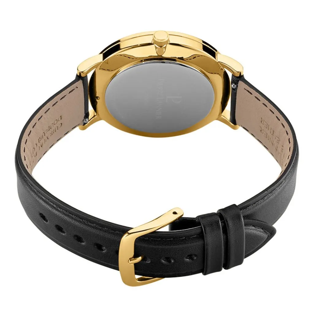 PIERRE LANNIER Montre Essential Noir cadran doré fond noir bracelet cuir noir Outlet