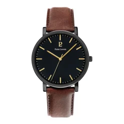 PIERRE LANNIER Montre Essential Noir cadran noir fond noir bracelet cuir marron