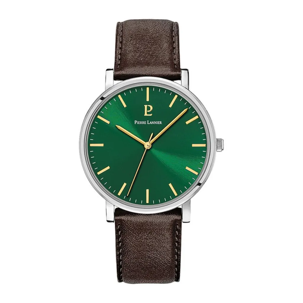 PIERRE LANNIER Montre Essential Vert cadran argenté fond vert bracelet cuir marron Hot