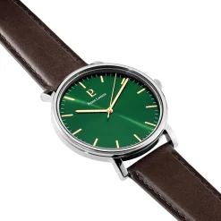 PIERRE LANNIER Montre Essential Vert cadran argenté fond vert bracelet cuir marron Hot