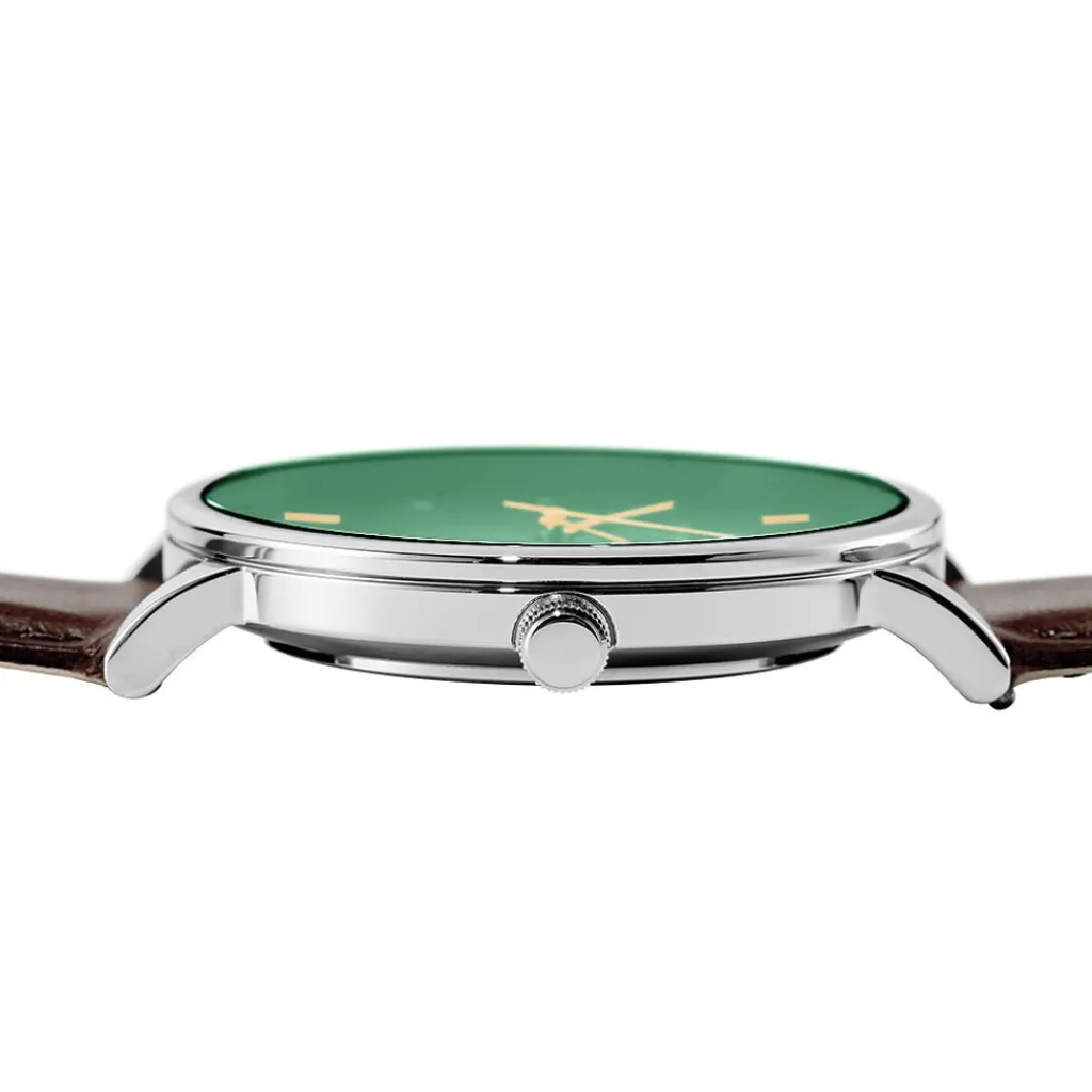 PIERRE LANNIER Montre Essential Vert cadran argenté fond vert bracelet cuir marron Hot