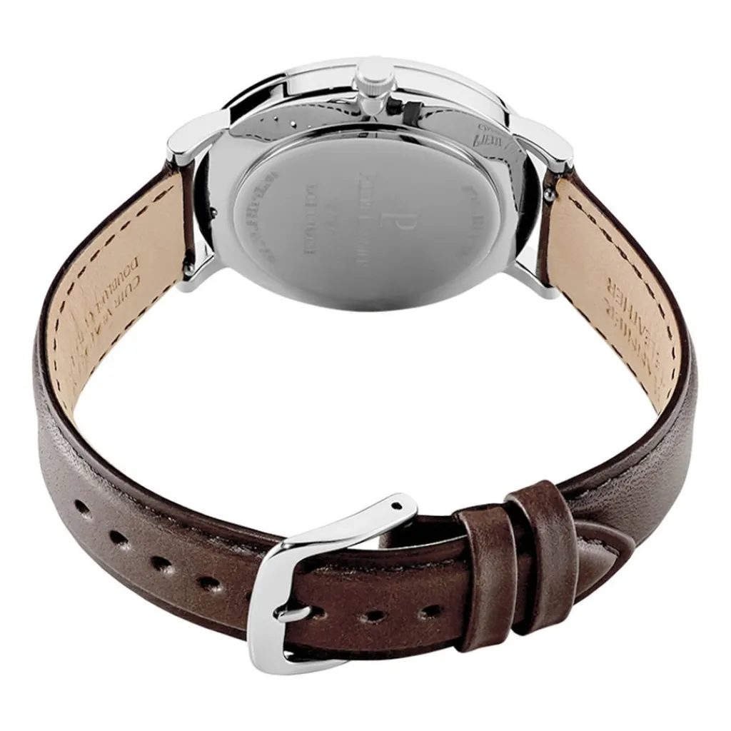 PIERRE LANNIER Montre Essential Vert cadran argenté fond vert bracelet cuir marron Hot