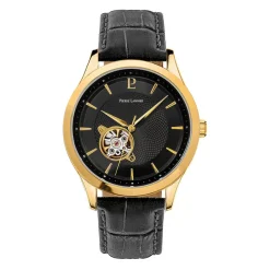 PIERRE LANNIER Montre Fleuret Noir cadran doré fond noir bracelet cuir noir Hot