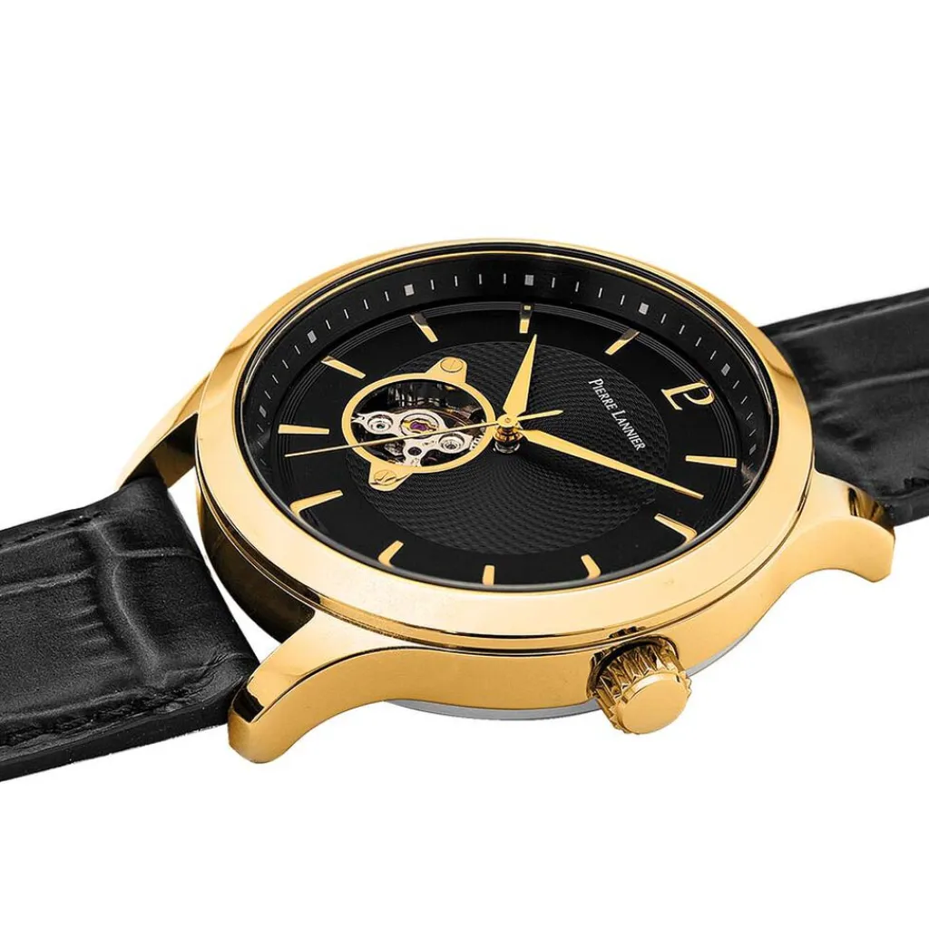 PIERRE LANNIER Montre Fleuret Noir cadran doré fond noir bracelet cuir noir Hot