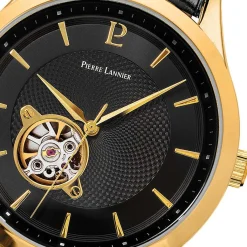 PIERRE LANNIER Montre Fleuret Noir cadran doré fond noir bracelet cuir noir Hot