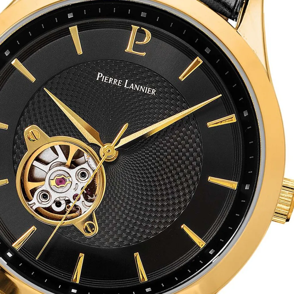 PIERRE LANNIER Montre Fleuret Noir cadran doré fond noir bracelet cuir noir Hot