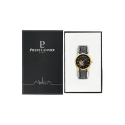 PIERRE LANNIER Montre Fleuret Noir cadran doré fond noir bracelet cuir noir Hot