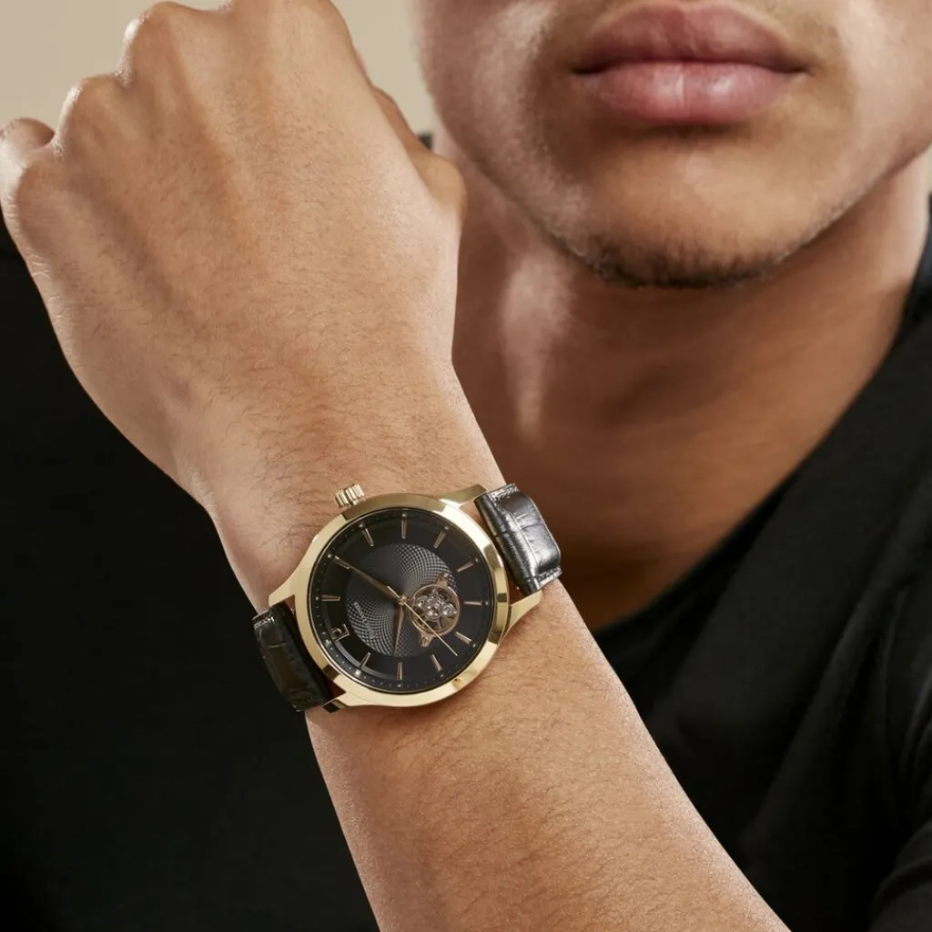 PIERRE LANNIER Montre Fleuret Noir cadran doré fond noir bracelet cuir noir Hot