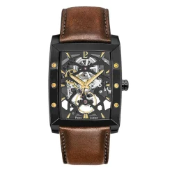 PIERRE LANNIER Montre Hector Noir cadran noir fond noir bracelet cuir marron Clearance