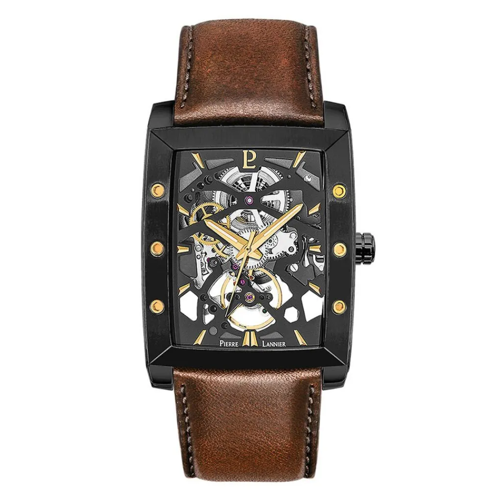 PIERRE LANNIER Montre Hector Noir cadran noir fond noir bracelet cuir marron Clearance