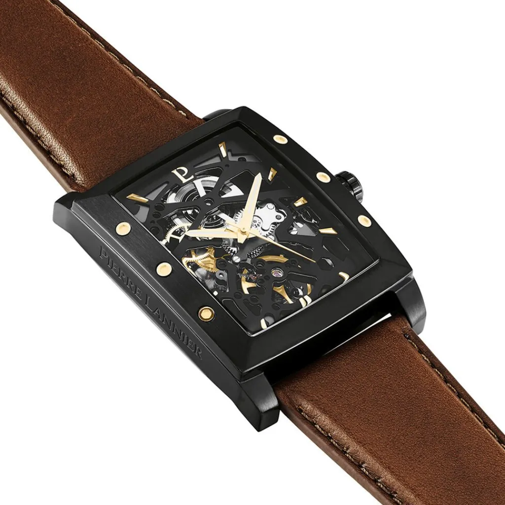 PIERRE LANNIER Montre Hector Noir cadran noir fond noir bracelet cuir marron Clearance