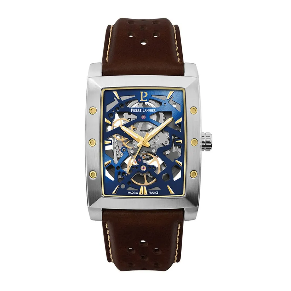 PIERRE LANNIER Montre Hector Bleu cadran argenté fond bleu bracelet cuir de vache marron Clearance