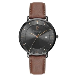 PIERRE LANNIER Montre Inti Noir cadran noir fond noir bracelet cuir brun Outlet