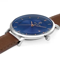 PIERRE LANNIER Montre Inti Bleu cadran argenté fond bleu bracelet cuir brun Sale