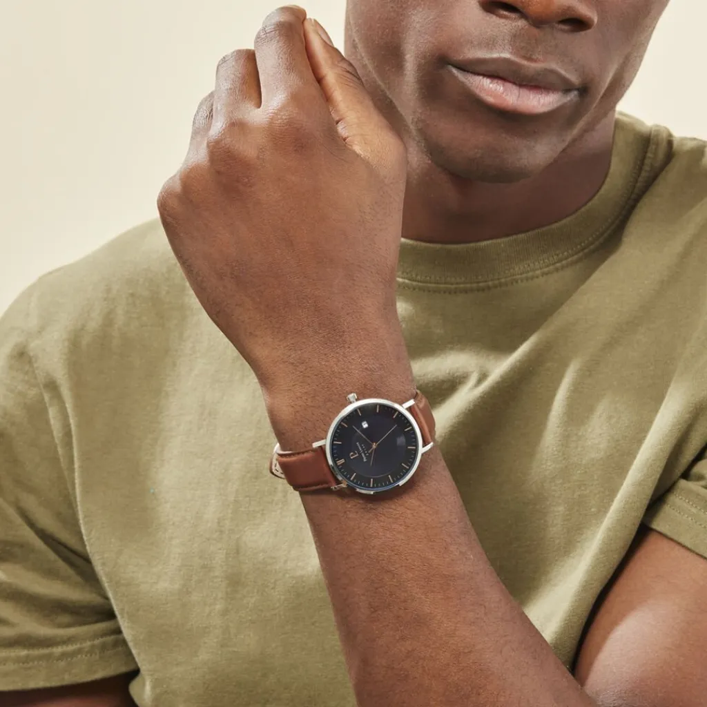 PIERRE LANNIER Montre Inti Bleu cadran argenté fond bleu bracelet cuir brun Sale