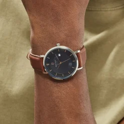 PIERRE LANNIER Montre Inti Bleu cadran argenté fond bleu bracelet cuir brun Sale