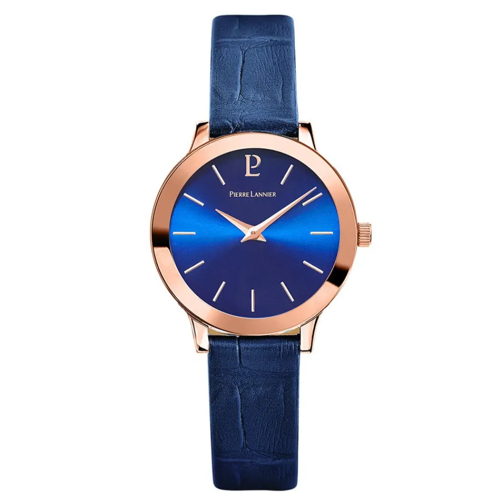 PIERRE LANNIER Montre Justine Bleu cadran doré rose fond bleu bracelet cuir bleu Discount