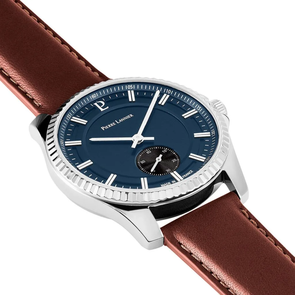 PIERRE LANNIER Montre Metropolitain Bleu cadran argenté fond bleu bracelet cuir de veau marron Sale