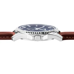 PIERRE LANNIER Montre Metropolitain Bleu cadran argenté fond bleu bracelet cuir de veau marron Sale