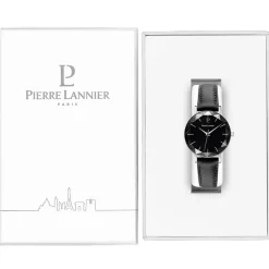 PIERRE LANNIER Montre Multiples Noir cadran argenté fond noir bracelet cuir noir Best