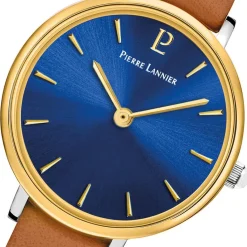 PIERRE LANNIER Montre Nova Bleu cadran argenté fond bleu bracelet cuir brun