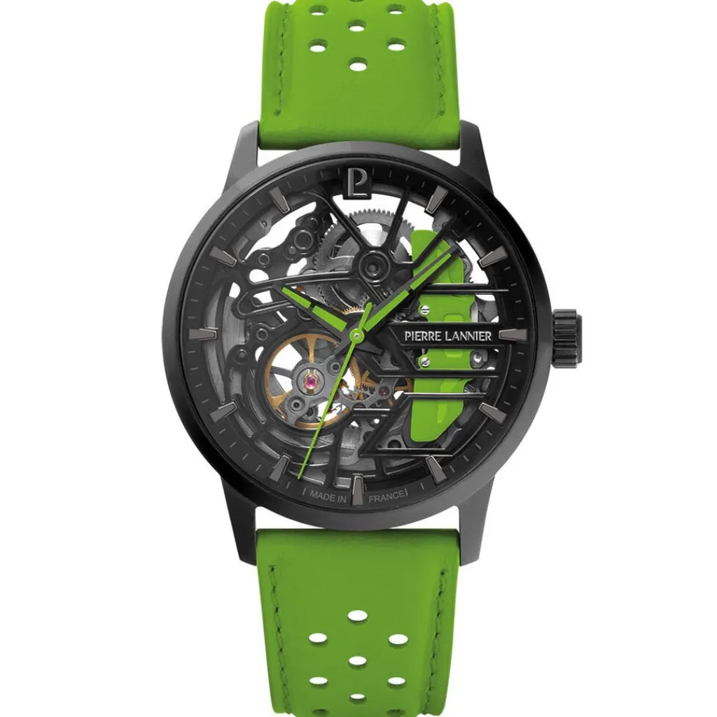 PIERRE LANNIER Montre Paddock Noir cadran noir fond noir bracelet cuir de vache vert