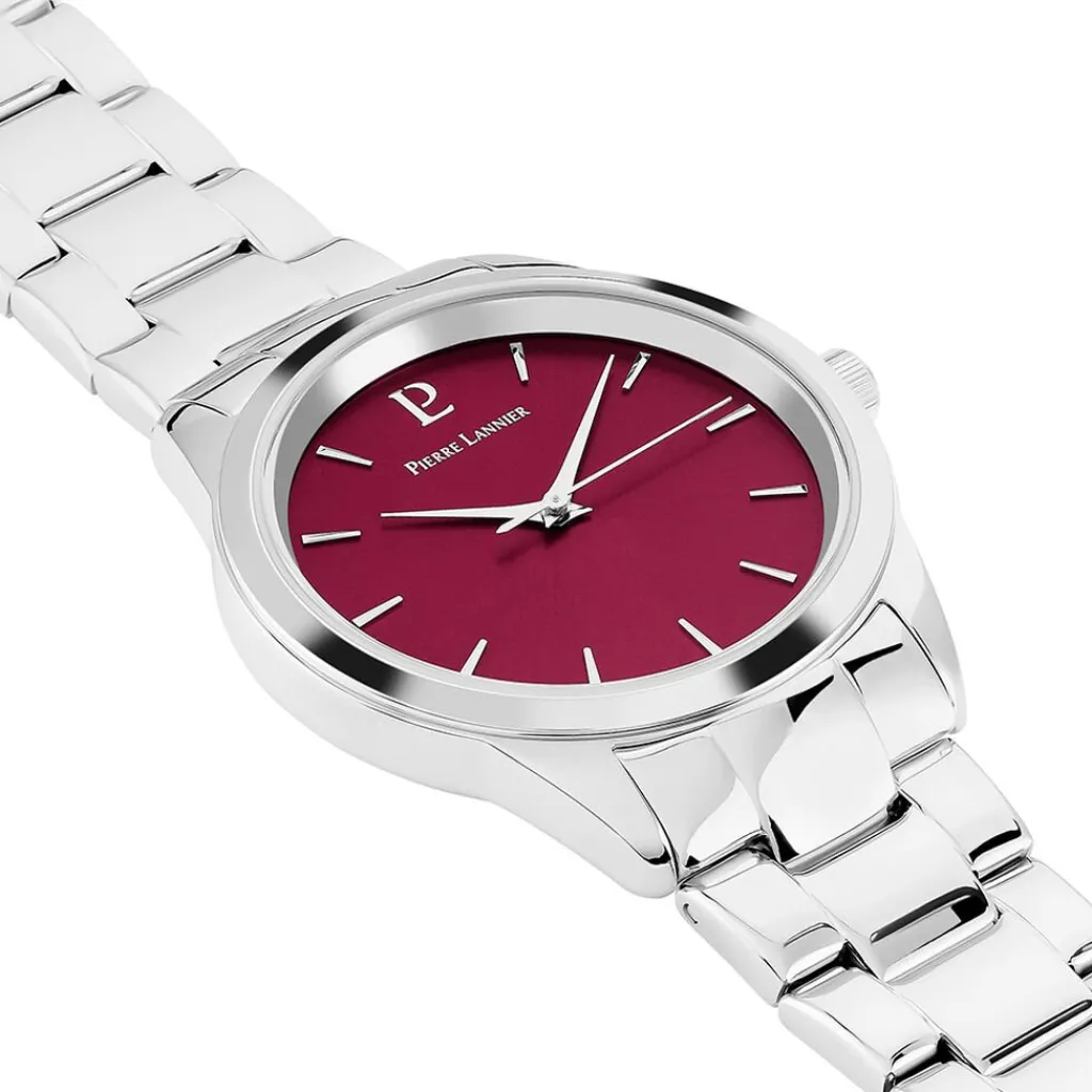 PIERRE LANNIER Montre Roxane Fuschia cadran argenté fond fuschia bracelet acier argenté Clearance