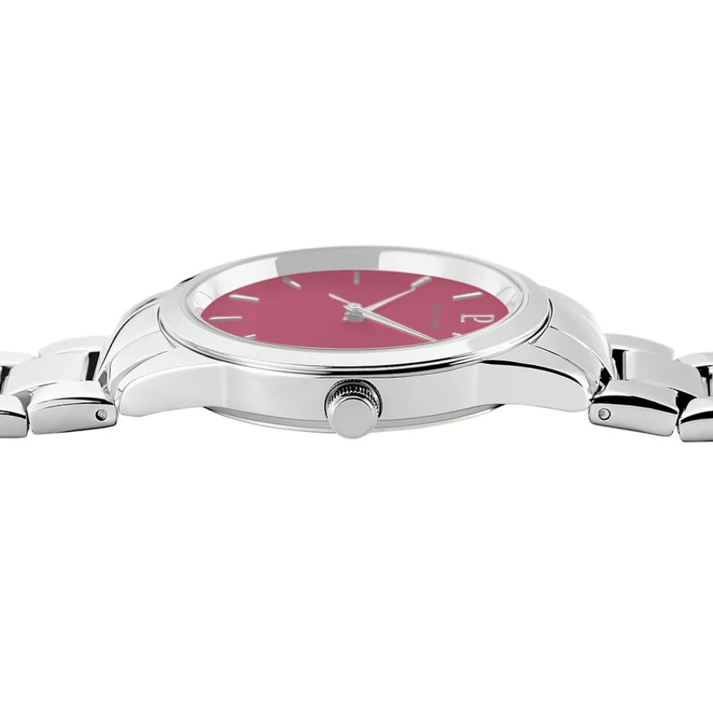 PIERRE LANNIER Montre Roxane Fuschia cadran argenté fond fuschia bracelet acier argenté Clearance