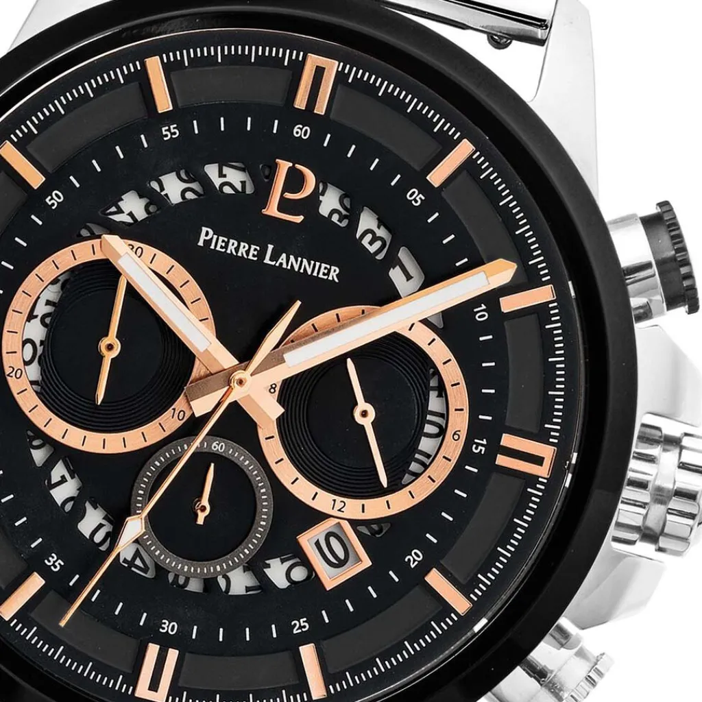 PIERRE LANNIER Montre Sentinelle Noir cadran argenté fond noir bracelet acier argenté