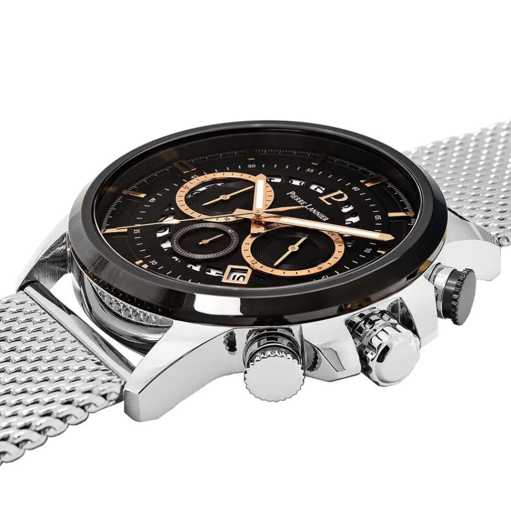 PIERRE LANNIER Montre Sentinelle Noir cadran argenté fond noir bracelet acier argenté