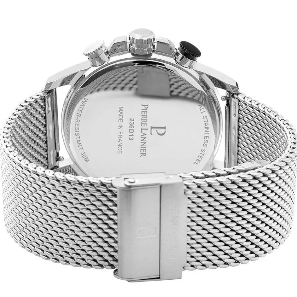 PIERRE LANNIER Montre Sentinelle Noir cadran argenté fond noir bracelet acier argenté