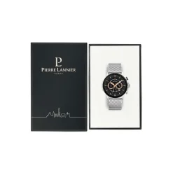 PIERRE LANNIER Montre Sentinelle Noir cadran argenté fond noir bracelet acier argenté