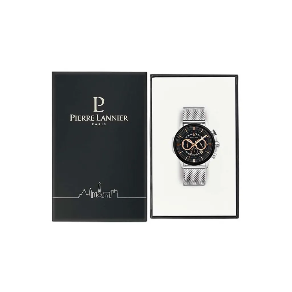 PIERRE LANNIER Montre Sentinelle Noir cadran argenté fond noir bracelet acier argenté