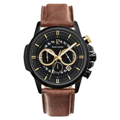 PIERRE LANNIER Montre Sentinelle Noir cadran noir fond noir bracelet cuir brun Discount