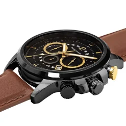 PIERRE LANNIER Montre Sentinelle Noir cadran noir fond noir bracelet cuir brun Discount