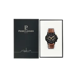 PIERRE LANNIER Montre Sentinelle Noir cadran noir fond noir bracelet cuir brun Discount