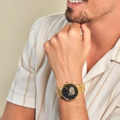 PIERRE LANNIER Montre Trio Noir cadran doré fond noir bracelet acier doré Sale