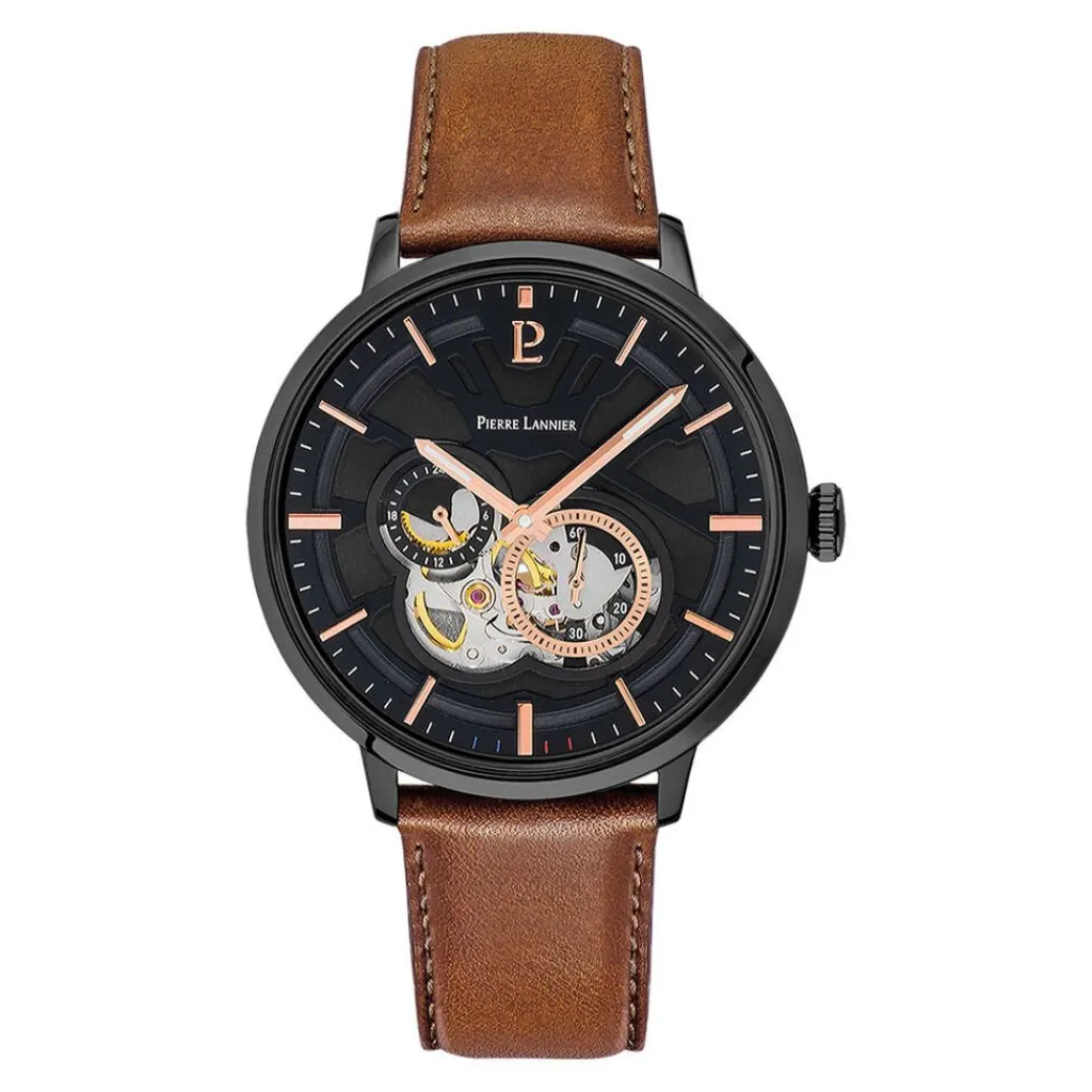 PIERRE LANNIER Montre Trio Noir cadran noir fond noir bracelet cuir brun Sale