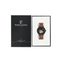 PIERRE LANNIER Montre Trio Noir cadran noir fond noir bracelet cuir brun Sale