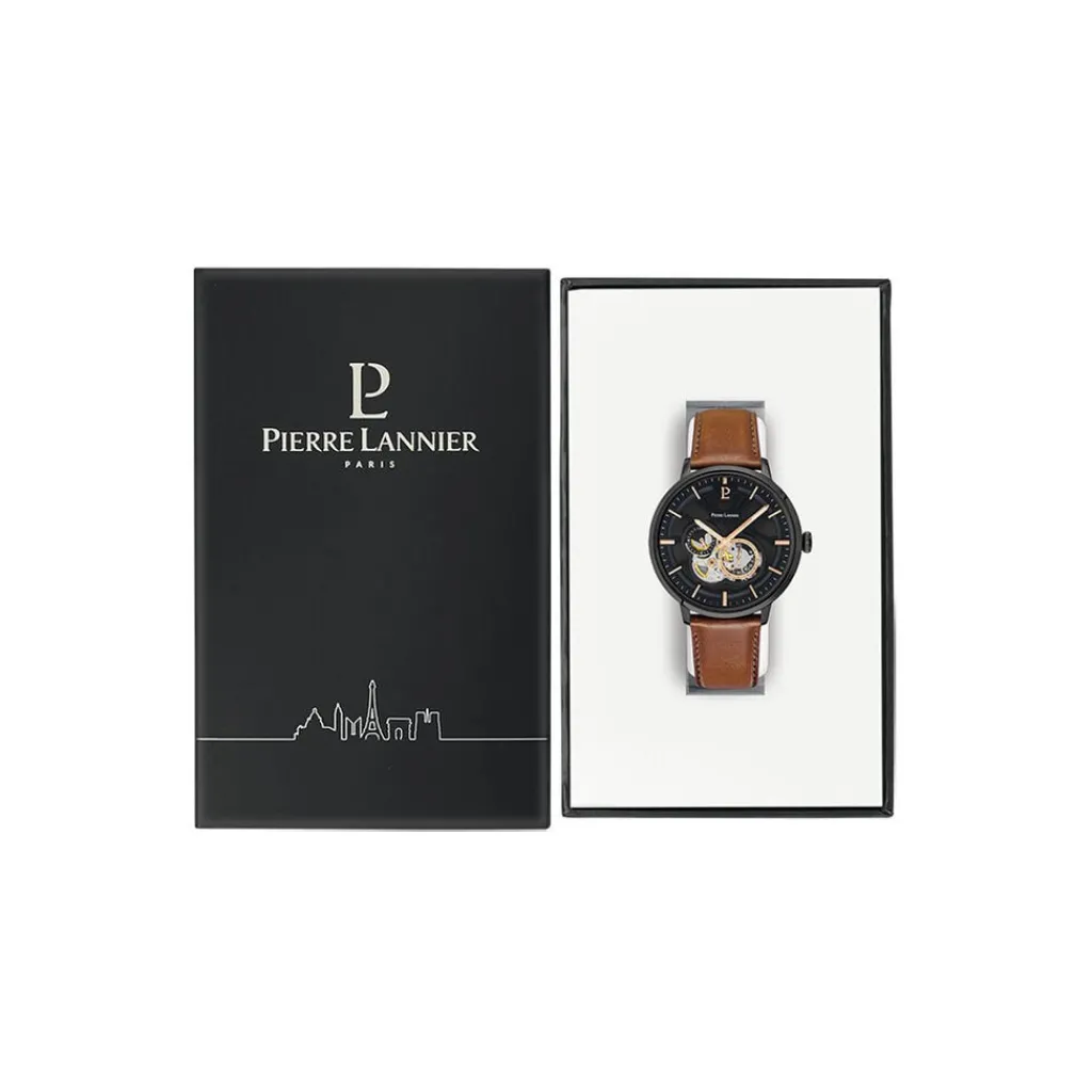 PIERRE LANNIER Montre Trio Noir cadran noir fond noir bracelet cuir brun Sale