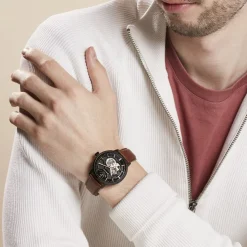 PIERRE LANNIER Montre Trio Noir cadran noir fond noir bracelet cuir brun Sale