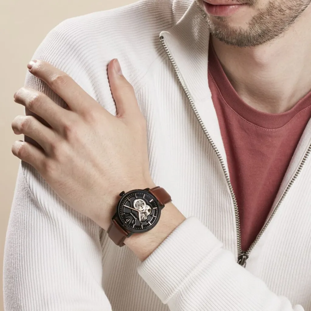 PIERRE LANNIER Montre Trio Noir cadran noir fond noir bracelet cuir brun Sale