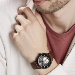 PIERRE LANNIER Montre Trio Noir cadran noir fond noir bracelet cuir brun Sale