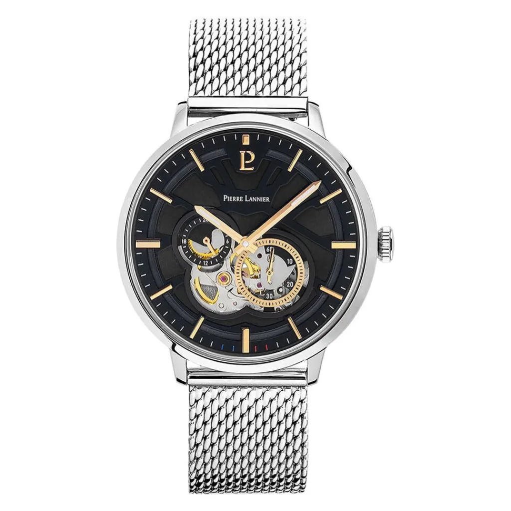PIERRE LANNIER Montre Trio Noir cadran argenté fond noir bracelet acier argenté Best