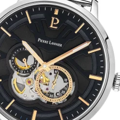 PIERRE LANNIER Montre Trio Noir cadran argenté fond noir bracelet acier argenté Best