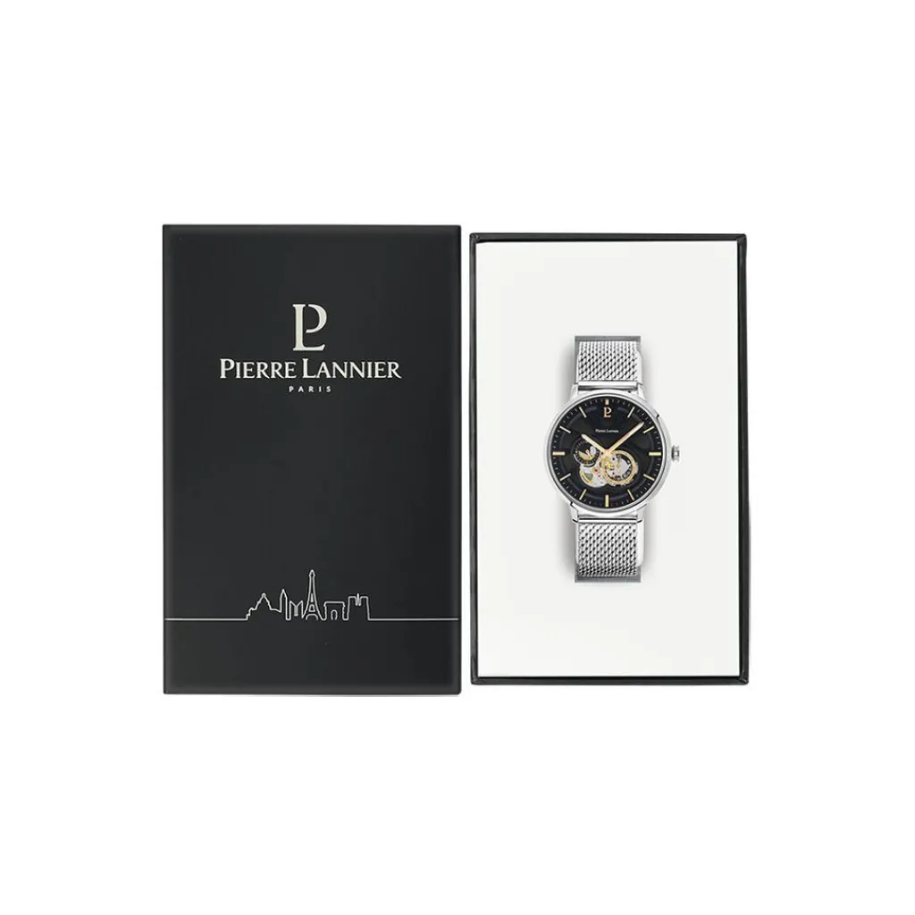 PIERRE LANNIER Montre Trio Noir cadran argenté fond noir bracelet acier argenté Best