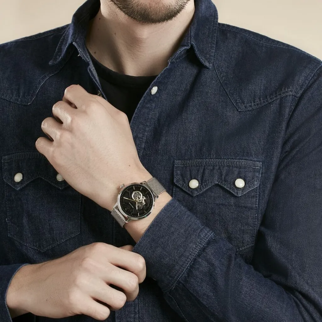 PIERRE LANNIER Montre Trio Noir cadran argenté fond noir bracelet acier argenté Best