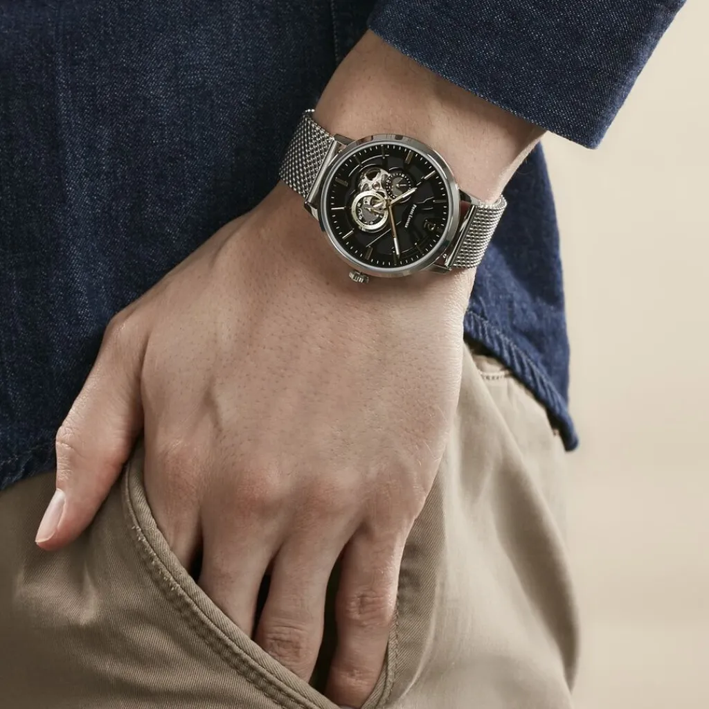 PIERRE LANNIER Montre Trio Noir cadran argenté fond noir bracelet acier argenté Best